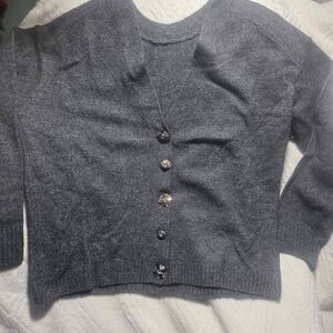 CeCe Charcoal V-Neck Cropped Sweater Crystal Buttons Size S